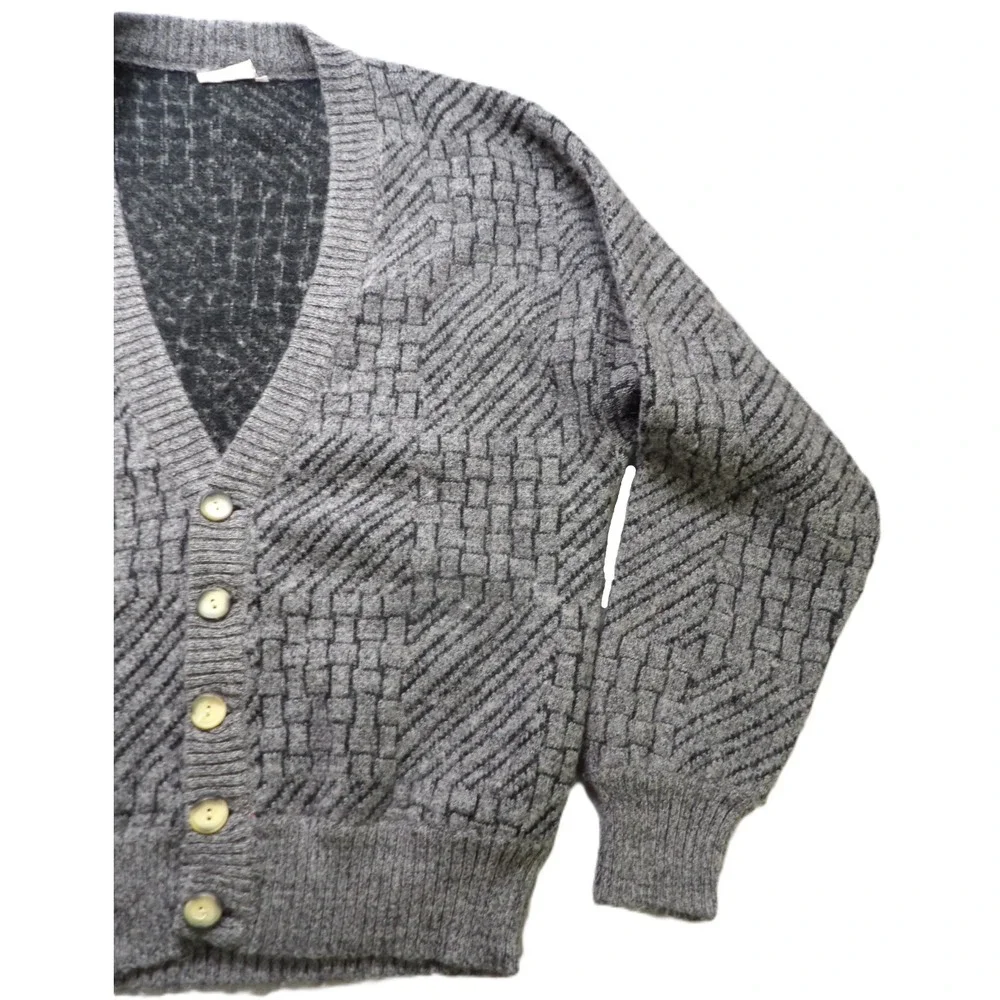 VTG 90s Clochard Men Cardigan Gray Wool Blend Geometric Woven V-Neck Sweater L/G